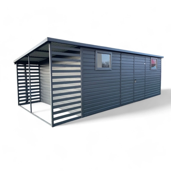 Kůlna na zahradní nářadí 7x3,5 s kůlnou na dřevo na levé straně