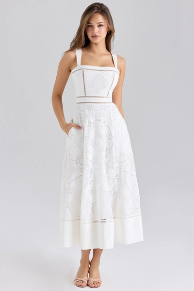 Ava White Stretch Cotton Broderie Anglaise Midi Dress