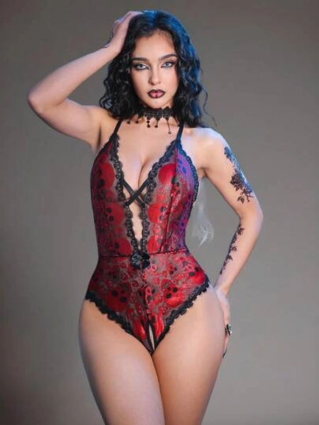 AltCore Women's Sexy Lace Backless Halter Skeleton Bodysuit