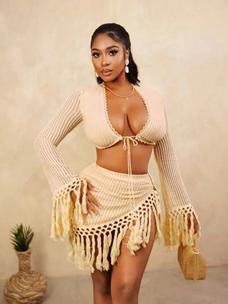 BamGleam Spring And Summer New Fashion Women's Yellow Braided Fabric Short Jacket Fringe Set, Suitable For Beach Vacation