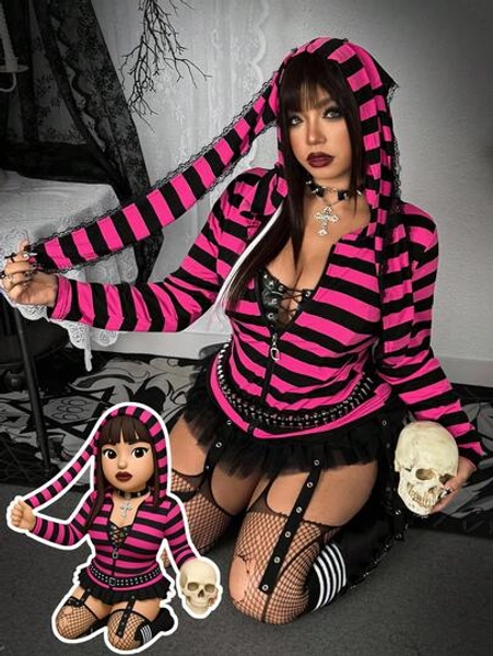 Whyspr Plus Size Punk Y2K Striped Bunny Ear Hooded Zip-Up T-Shirt