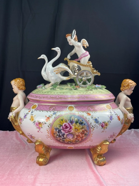 Monumental Dresden-Style Cherub Covered Centerpiece with Swan Chariot & Floral Hand-Painting – German Porcelain Rococo Revival