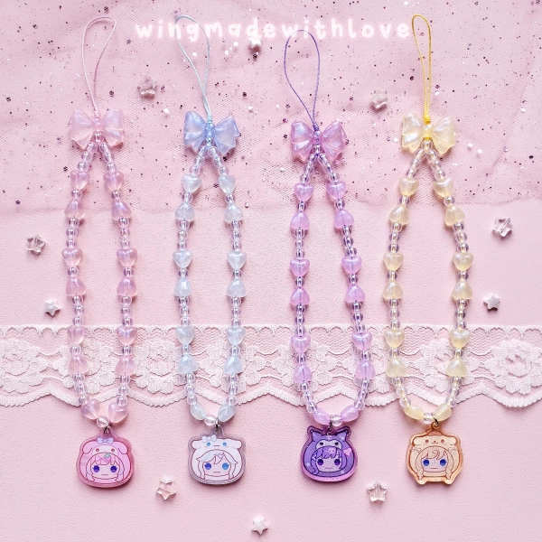 Genshin Phone Wristlet Strap Charm Kokomi Furina Raiden Navia - Pastel Double-sided Acrylic Glitter Charm with Beads - by wingmadewithlove
