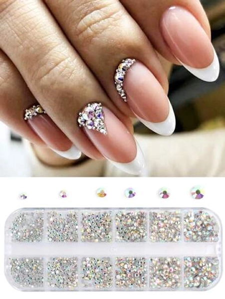 Black Friday 12 Grids Luxury AB Nail Art Decoration Rhinestone, Mixed Size Colorful White Glass Stone Nail Charms DIY Craft Gems Manicure Nail Part Accessories Nail Supplies