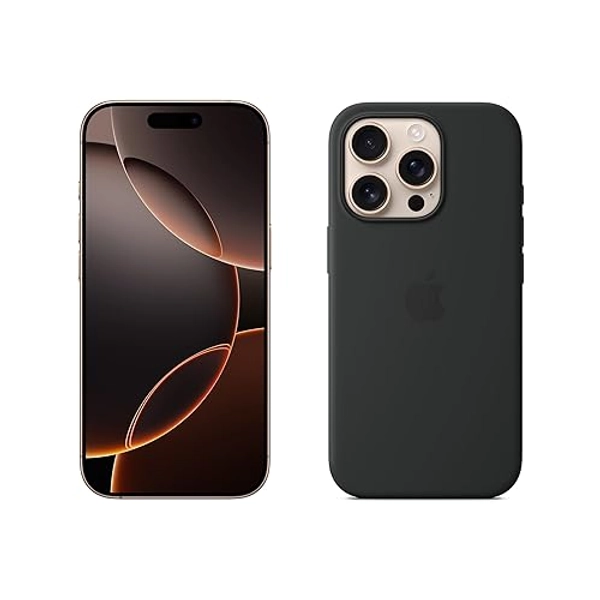 Apple iPhone 16 Pro (1 to) - Titane Sable + Coque Transparente avec MagSafe - Noir