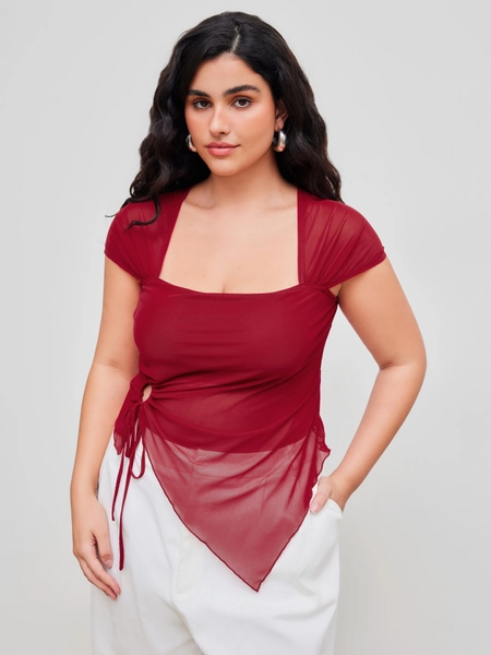 Square Neck Solid O-ring Asymmetrical Hem Short Sleeve Jersey Top Curve & Plus