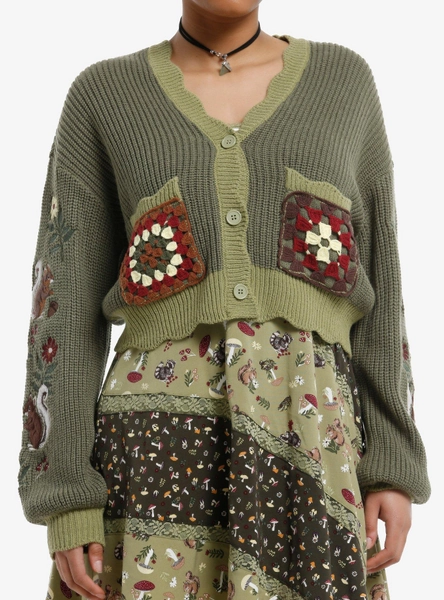 Thorn & Fable Woodland Creatures Embroidered Girls Crop Cardigan