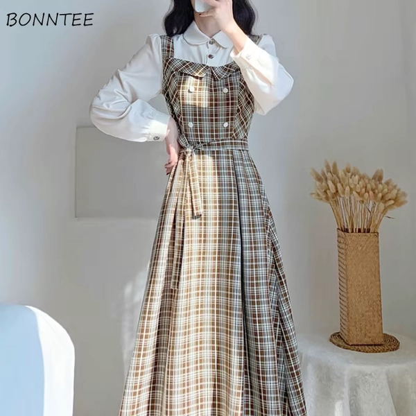 Long Sleeve Dress Two Pieces Bow Plaid Autumn Vintage Flattering Waist Temperament Leisure Designed Tender Chic - AliExpress 200000345