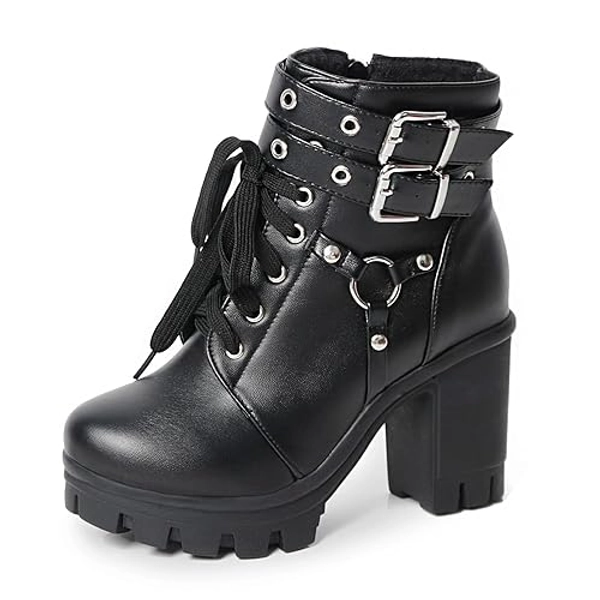 MEOTINA Goth Platform Black Boots for Women Dressy Chunky Combat Boot Buckle Gothic Booites Zipper Rivets Rave Shoes - 10.5 - Gothic Ankle Black