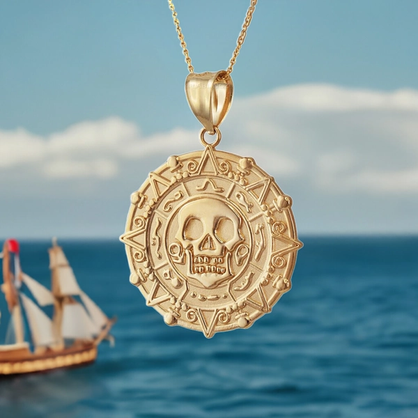 Gold Aztec Coin Caribbean Pirates Skull Pendant Necklace
