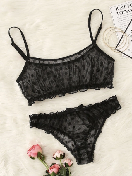Polka Dot Mesh Frill Trim Bra & Panty Lingerie Set