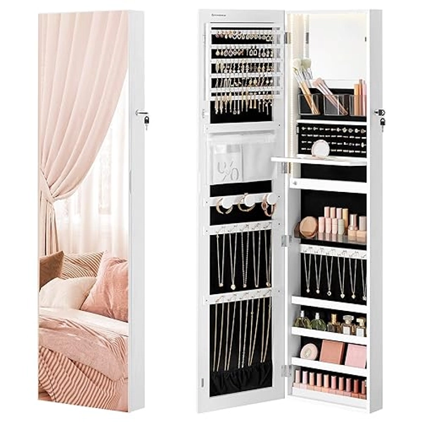 SONGMICS 55 Inches Tall Spacious Jewelry Cabinet, Jewelry Armoire with Light-Up Interior Mirror, Wall or Door Mounted Jewelry Storage Organizer, Lockable, Gift Idea, Cloud White UJJC032W01