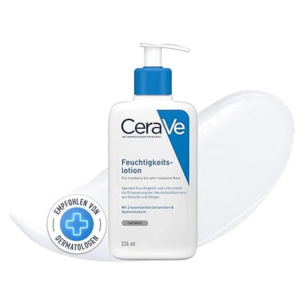 CeraVe Körperlotion mit Pumpspender, Für trockene bis sehr trockene Haut, Feuchtigkeitscreme Hyaluron und 3 essenziellen Ceramiden, Geeignet bei Neurodermitis, 236 ml