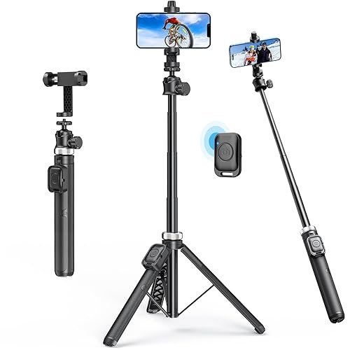 62" Phone Tripod - MIIASI Extendable Tripod for iPhone and Selfie Stick Tripod with Remote, 360° Ball Head Upgraded Cell Phone Tripod for Video Recording, iPhone 14/13/12 Pro Max/Android - 62in - Black