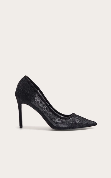 Black Wide Fit Lace High Stiletto Court Heels