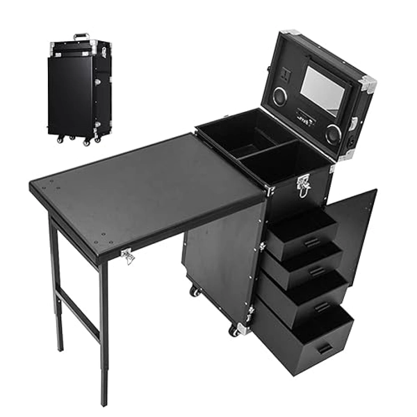 CALISTOUK Makeup Train Case,Rolling Manicure Table,Makeup Artist Supplies, Black Aluminum Nail Workstation Desk with 4 Drawers Mirror Speaker, Lockable Cosmetic Trolley for Salon Travel