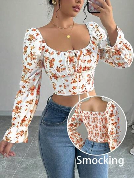 Rafferiza White Ditsy Floral Drawstring Square Collar Flare Sleeve Women Shirt