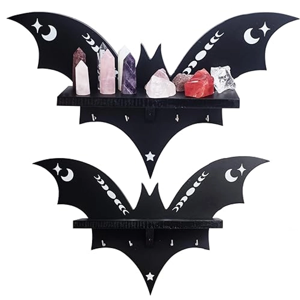 CEFLITECO Bat Shelf - Halloween Wall Decor for Kitchen and Living Room - Spooky Goth Hanging Coffin Shelf with Hooks for Oddities and Curiosities - Crystal Shelf for Display - Witchy Gifts for Women