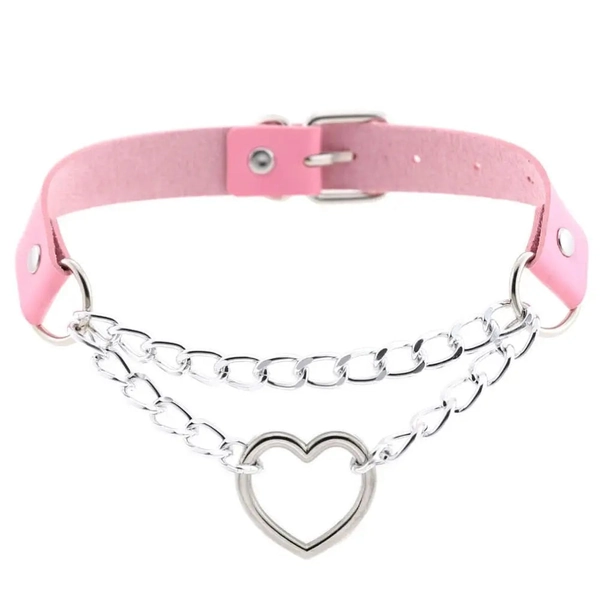 Thick Vegan Leather Chained Heart Choker Necklace