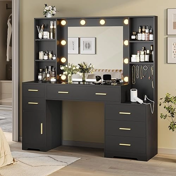 48.8'' Large Vanity Desk with Lighted Mirror & Power Outlet, Black Makeup Vanity Table with 6 Drawers, 4 Shelves and 1 Storage Cabinet, Glass Tabletop Bedroom Dressing Table, 3 Lighting Modes