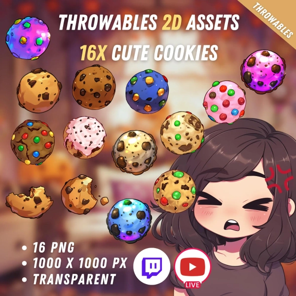 Bundle of Throwable Cute Cookies Assets 16x | Transparent | Kawaii | 2D Digital Assets | Digital Download | Stream Decoration