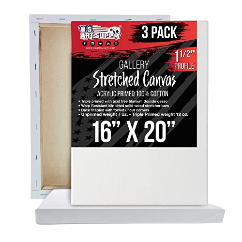 U.S. Art Supply 16 x 20 inch Gallery Depth 1-1/2" Profile Stretched Canvas, 3-Pack - 12-Ounce Acrylic Gesso Triple Primed, Professional Artist Quality, 100% Cotton - Acrylic Pouring, Oil Painting - 16" x 20"