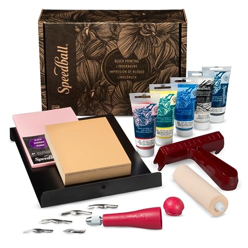 Speedball Deluxe Block Printing Kit - Includes Inks, Brayer, Bench Hook, Lino Handle and Cutters, Speedy-Carve Block, Mounted Linoleum Block - Deluxe Block Printmaking Kit
