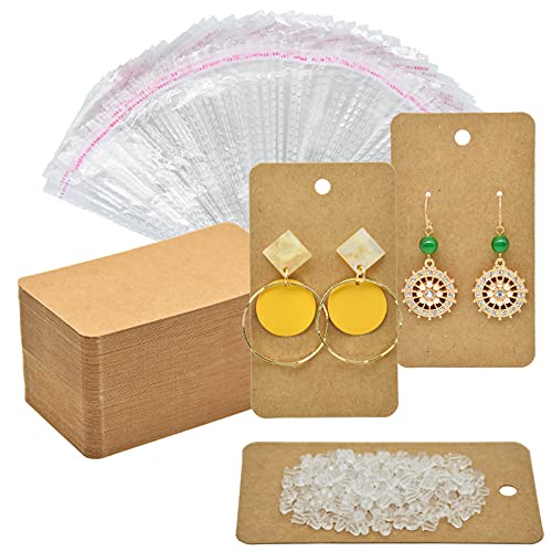 Twavang Earring Card Holder Set, 100Pcs Kraft Paper Earring Display Cards, 100 Pairs Clear Earring Backs with 100Pcs Self Adhesive Bags for Earrings Jewelry Display (Brown, 3.5" x 2") - Brown