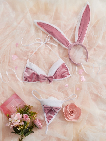 Bow Front Thong Lingerie Set & Rabbit Ear