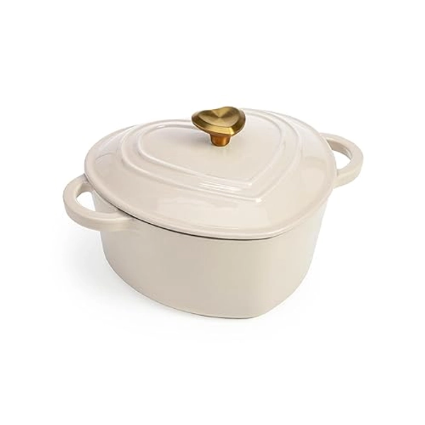 Paris Hilton Enameled Cast Iron Dutch Oven Heart-Shaped Pot with Lid, Dual Handles, Works on All Stovetops, Oven Safe to 500°F, 2-Quart, Cream
