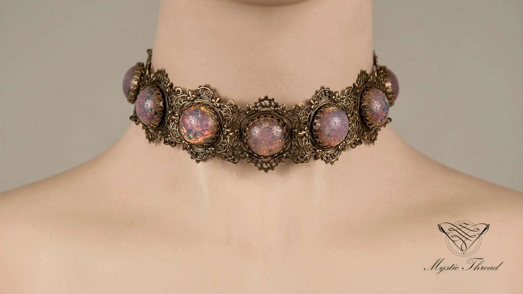 Pink fire gems elegant medieval renaissance wedding bridal romantique choker