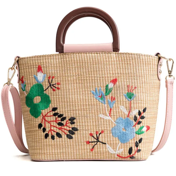 Embroidered Straw Crossbody Bag