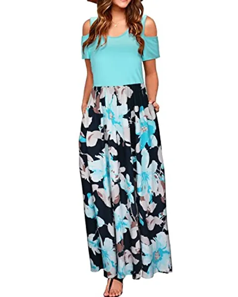 STYLEWORD Women's Summer Cold Shoulder Short Sleeve Maxi Dress Floral Print Elegant Long Dress with Pockets