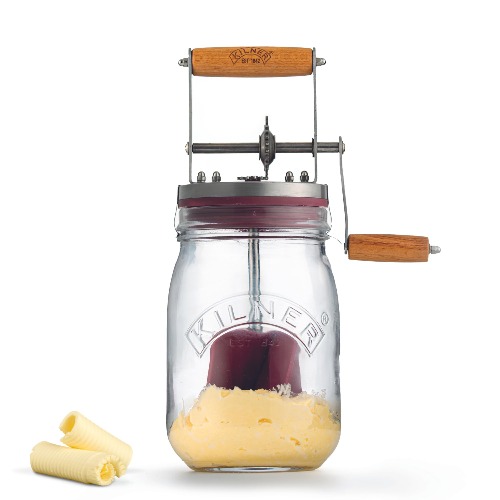 Kilner Botervat, glas met handslinger, handslinger en siliconen mixer, 1L, opening: 7,2 cm, 16,5 cm x 11 cm x 27 cm, boter zelf maken in ca. 10 min, botervloot glas - Retro