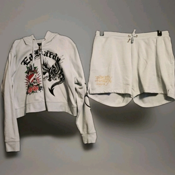 Ed Hardy Blue Crop Zip Hoodie & Shorts Set