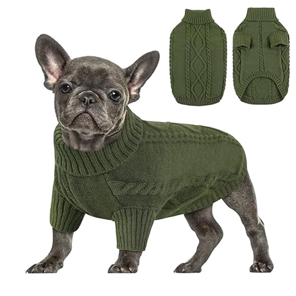 Queenmore Small Dog Pullover Sweater, Cold Weather Cable Knitwear, Classic Turtleneck Thick Warm Clothes for Chihuahua, Bulldog, Dachshund, Pug (Army Green, Small)