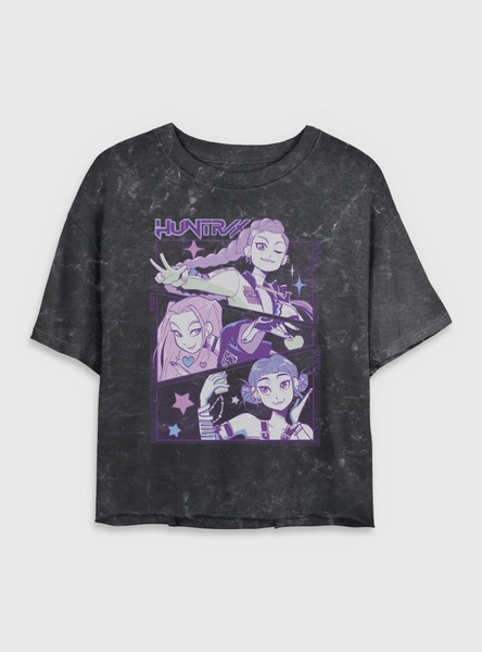 KPop Demon Hunters Huntrix Group Panels Mineral Wash Womens Crop T-Shirt