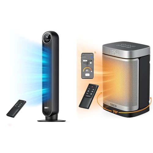 Dreo Tower Fan for Bedroom, 24ft/s Velocity Quiet Floor Fan, 90° Oscillating Fans for Indoors & 1500W Smart Space Heaters for Indoor Use, Portable Heater with 70°Oscillation - Black - Tower Fan + 1500W Smart Space Heaters