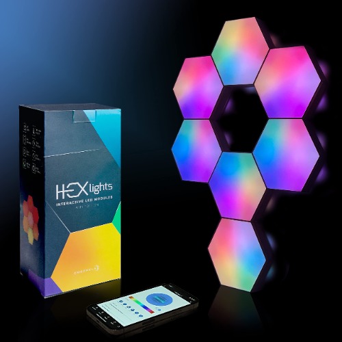 HEXlights 7-Pack App Controlled RGB Wall Panels, LED Hexagon Lights - Light Panels for Wall - Great for Living Room, Bedroom and Game Room Decor - Includes Stand for Tabletop - 