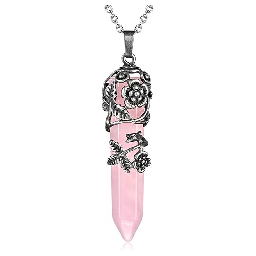 JSDDE Vintage Crystals Necklace Flower Wrapped Quartz Gemstone Reiki Healing Crystal Pendant Necklace Jewelry - Rose Quartz