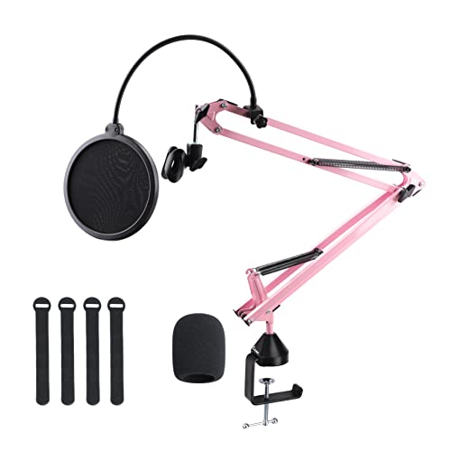 Microphone Stand, Cicano Mic Boom Arm Suspension Scissor with Shock Mount, Mic Clip Holder Upgraded Desk Clamp for Blue Yeti Snowball Ice and Other Mics Pink