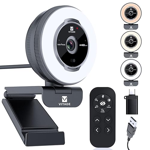 Vitade Streaming Webcam with Ring Light, Zoomable Webcam with Remote Control, 1080P 60FPS, Fast Auto Focus, Built-in Privacy Cover, Noise Cancelling Microphones, for PC, Zoom, Skype - black