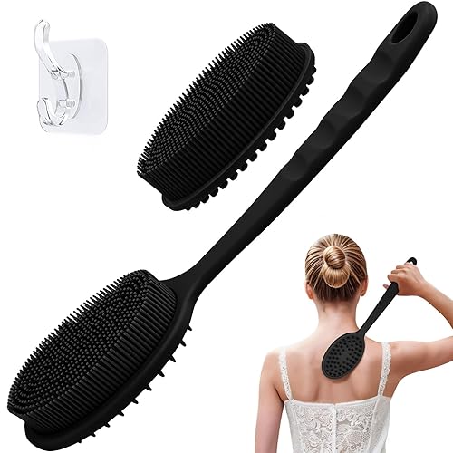 GEENOA Silicone Back Scrubber for Shower, Gentle Silicone Body Scrubber, Soft Silicone Loofah with Handle, Back Brush Bath Brush with Two Replaceable Brush Heads(Black-Two Heads) - Black-two Heads