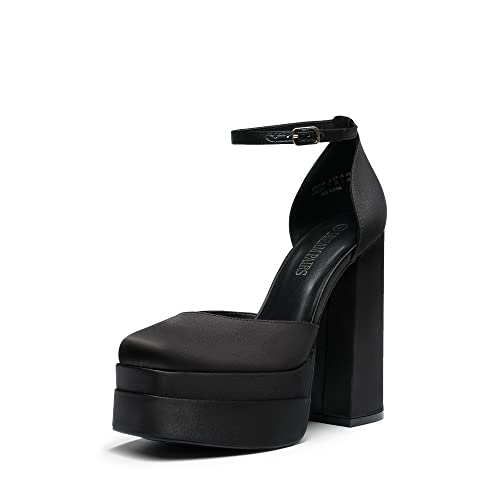 DREAM PAIRS Women’s High Chunky Platform Closed Toe Block Heels Square Toe Ankle Strap Dress Wedding Party Pumps Shoes - 7.5 - BLACK-SATIN