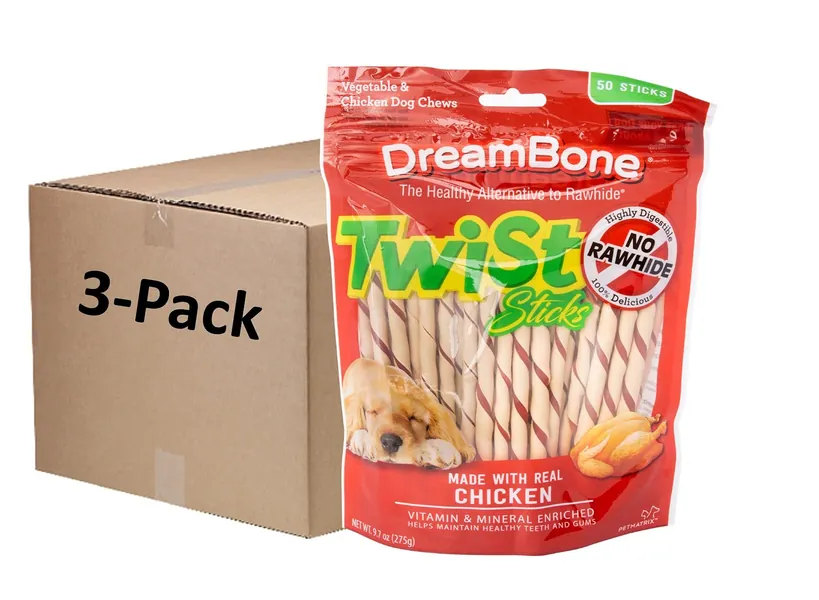 Dreambone Twist Sticks, Rawhide-Free Chews for Dogs, with Real Chicken, 50-Count (3 Pack)