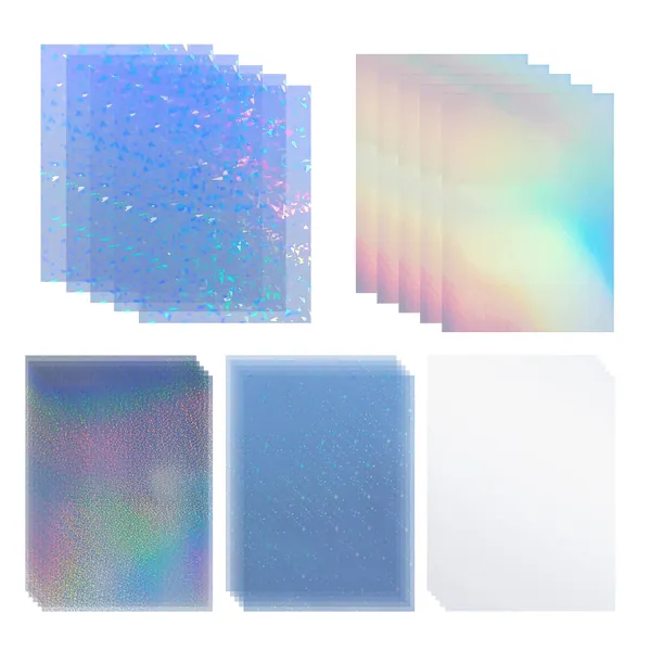 25 Sheets A4 Size (8.25”x11.7“）Holographic Sticker 5 Styles Mixed Clear Adhesive Laminted Film Holographic Overlay No Need Machine