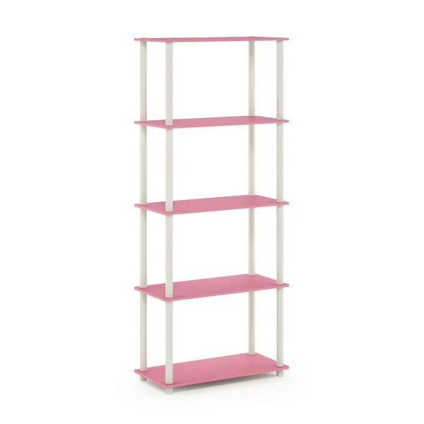 Furinno Turn-N-Tube 5-Tier Multipurpose Shelf / Display Rack / Storage Shelf / Bookshelf, Round Tubes, Pink/White