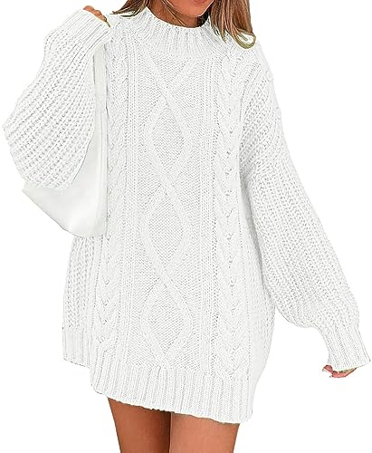 LILLUSORY Women's Crewneck Oversized Sweater Dress 2023 Fall Cable Knit Long Sleeve Chunky Casual Dresses Pullover Tops - White - Medium