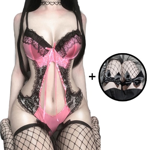 Luring' Black/Pint Floral Lace Lingerie Set - Set with Stocking / One size