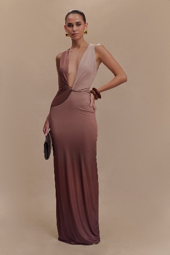 Stella Draped Slinky Maxi Dress - Mocha Ombre | S